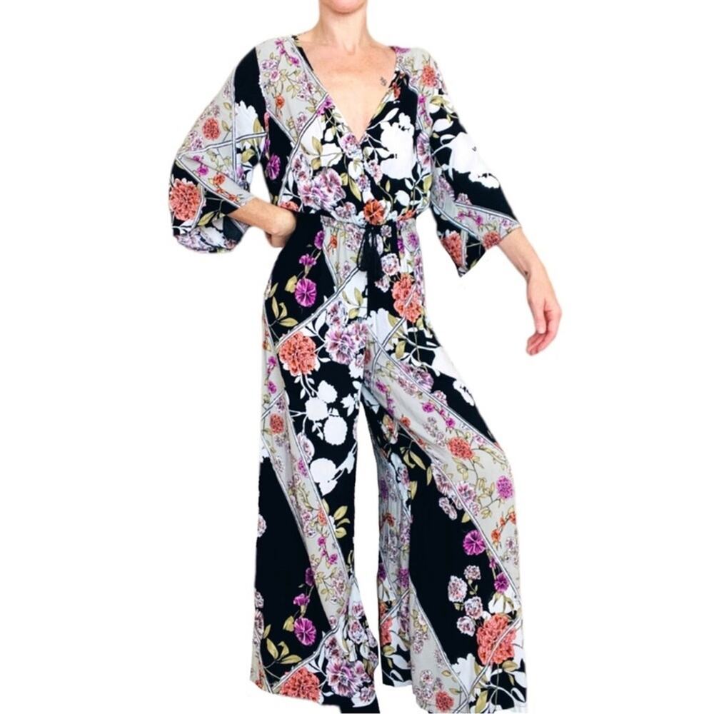 Anthropologie Jaase Boho Romper Medium Floral Wide Leg Bell Sleeve